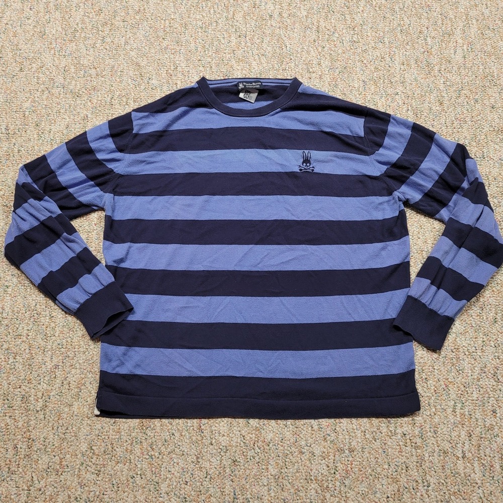 Psycho Bunny Sweater Mens XL Blue Striped Pima Cotton Long Sleeve Crew Neck Logo